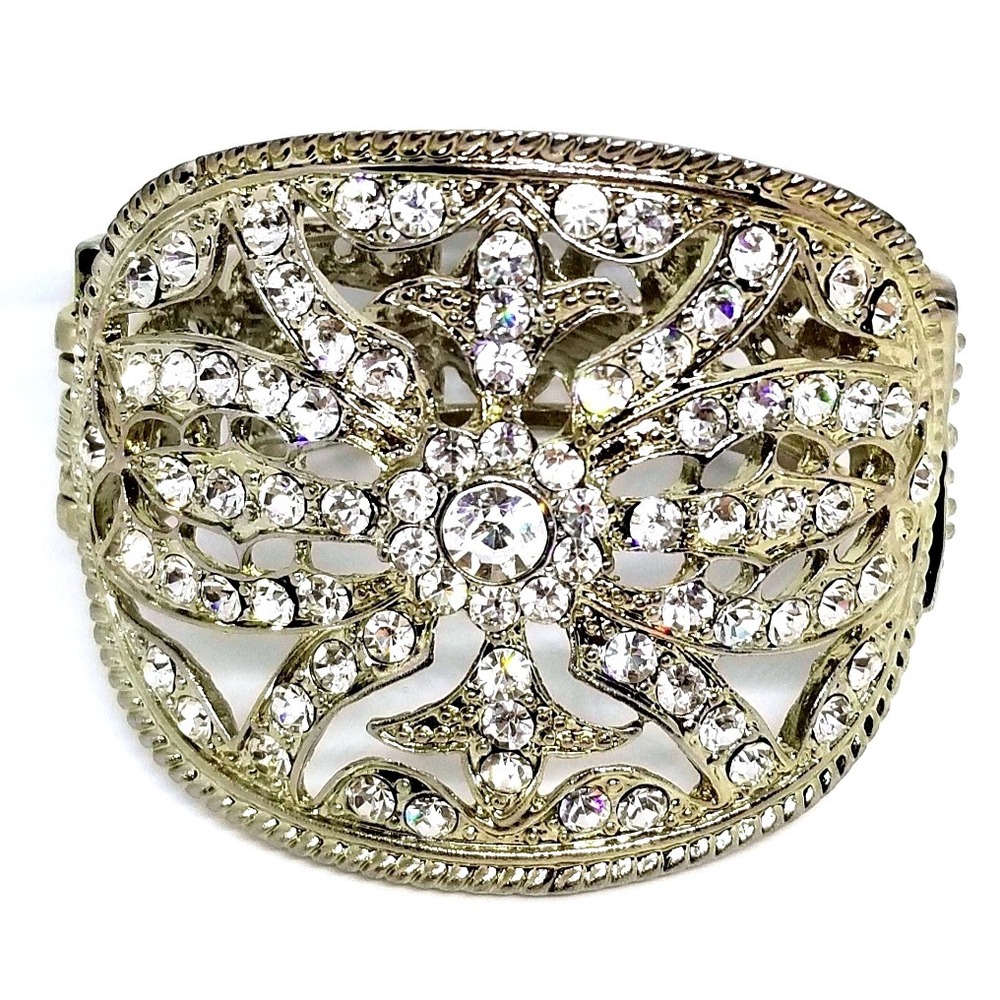 Vintage Rhinestone Cuff Bracelet Silver Tone Statement‎ Jewelry Women's Fashion